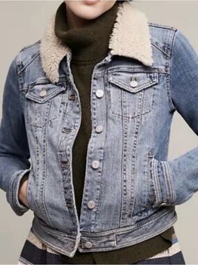 Anthropologie Light Blue Denim Bomber Jacket with Sherpa Collar XS